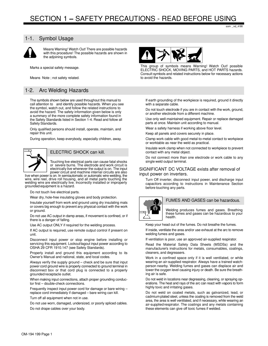 Craftsman 117.205710 operating instructions Symbol Usage, Arc Welding Hazards, Marks a special safety message, OM-194 199 