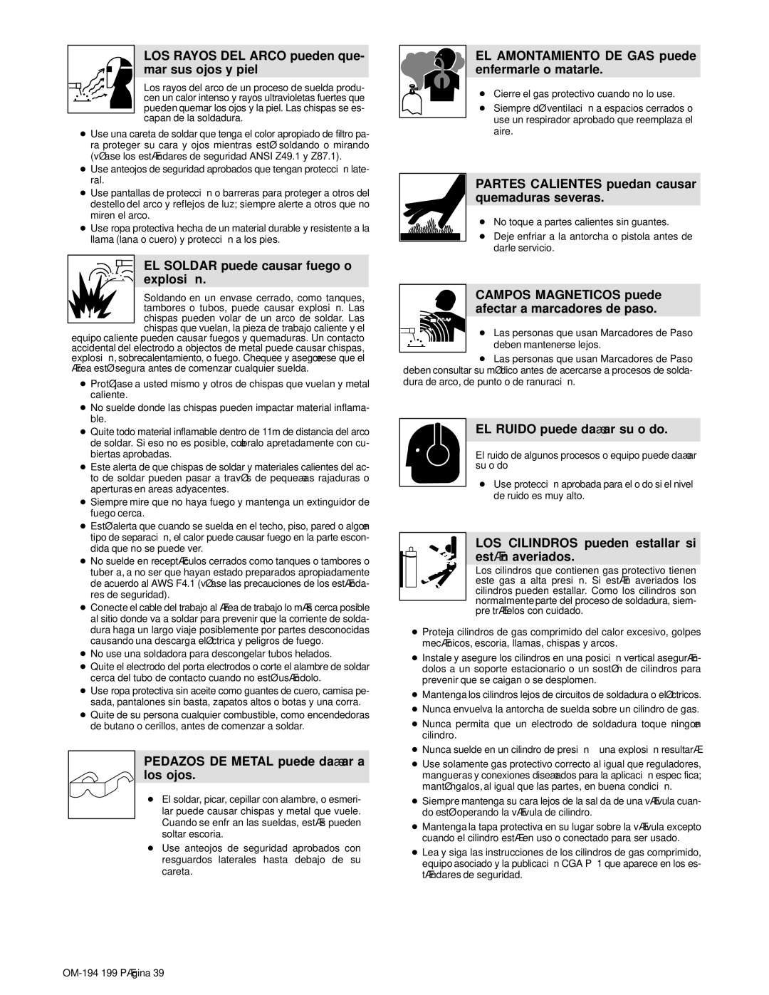 Craftsman 117.205710 operating instructions LOS Rayos DEL Arco pueden que- mar sus ojos y piel 