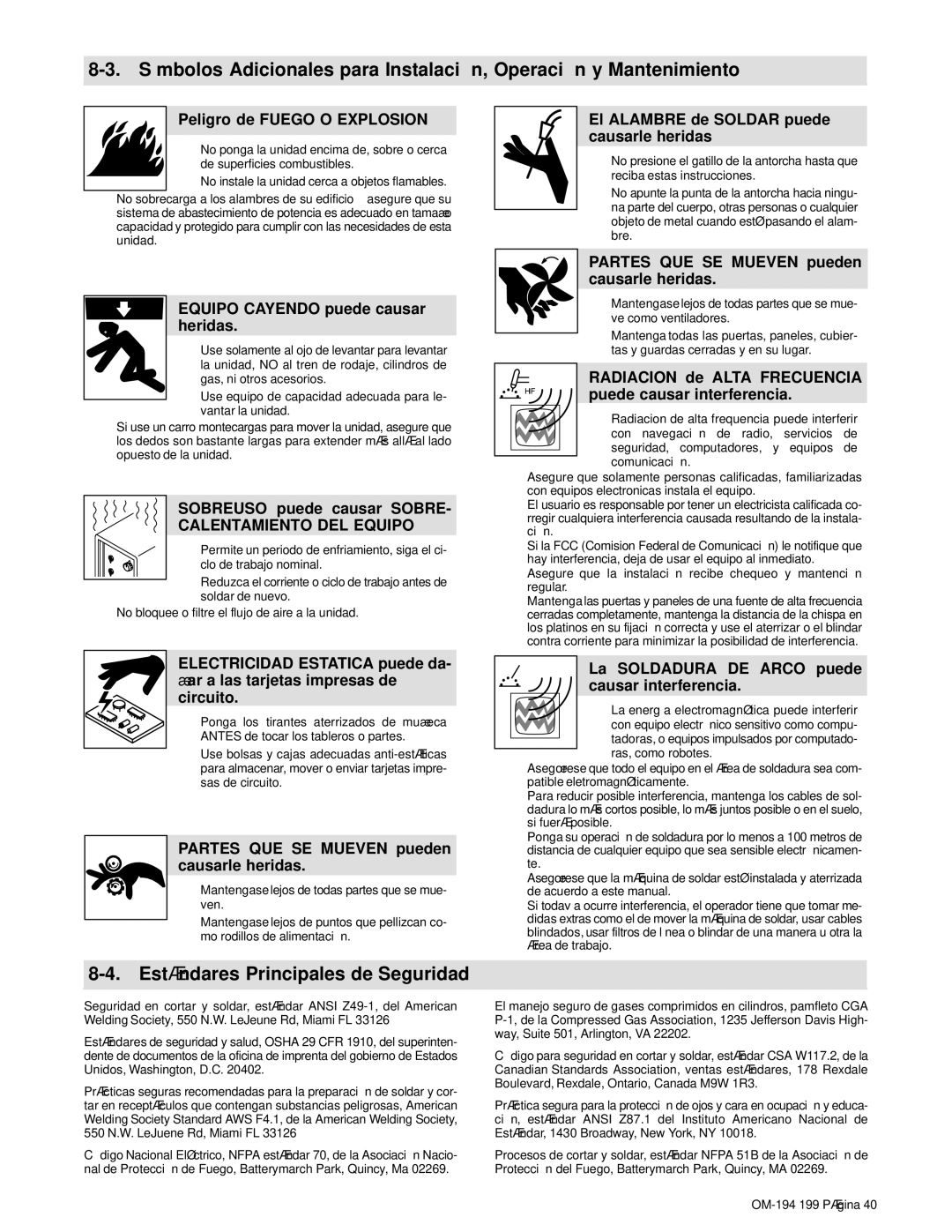 Craftsman 117.205710 operating instructions Está ndares Principales de Seguridad, Peligro de Fuego O Explosion 