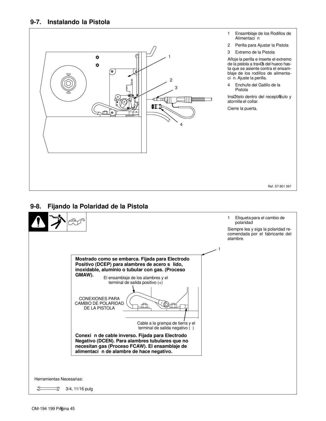 Craftsman 117.205710 operating instructions Instalando la Pistola Fijando la Polaridad de la Pistola 