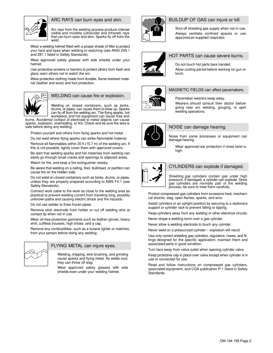 Craftsman 117.205710 operating instructions ARC Rays can burn eyes and skin 