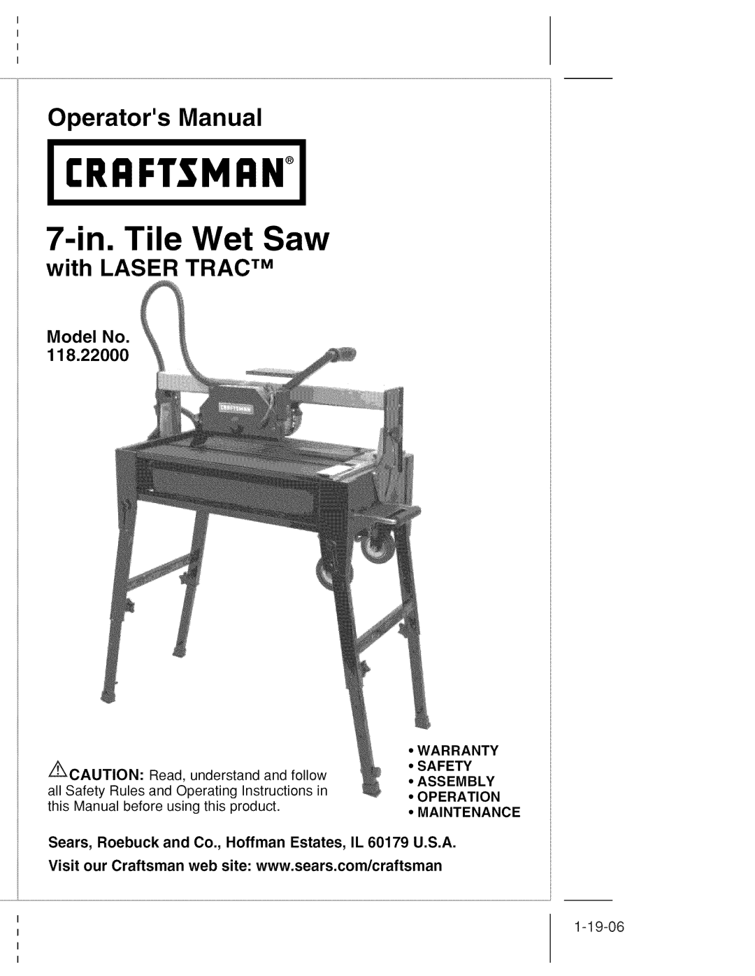 Craftsman 118.22000 operating instructions Warranty, Safety, Assembly, Operation, Maintenance 