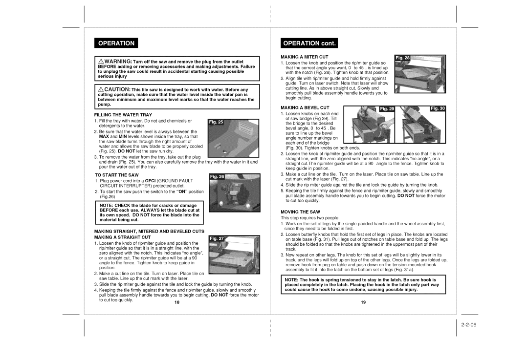 Craftsman 118.22000 Filling the Water Tray, To Start the SAW, Making a Miter CUT, Making a Bevel CUT, Moving the SAW 