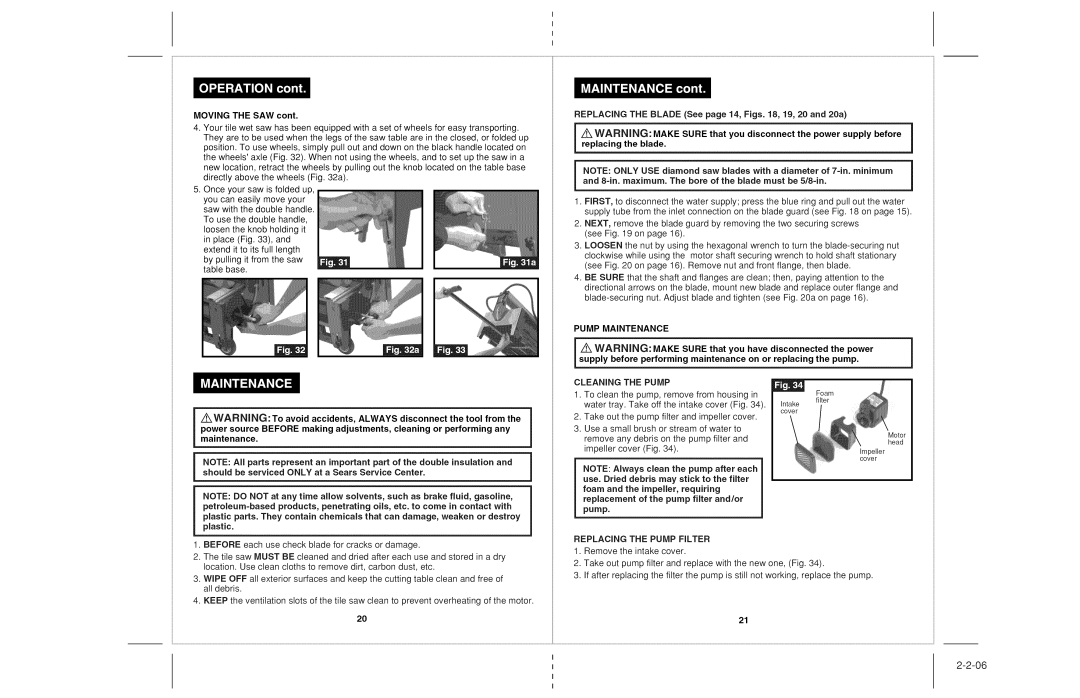 Craftsman 118.22000 operating instructions Pump Maintenance, Cleaning the Pump 