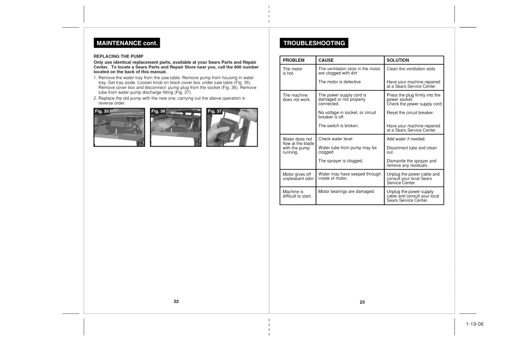 Craftsman 118.22000 operating instructions Replacing the Pump, Problem, Cause, Solution 