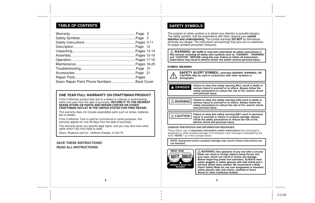 Craftsman 118.22000 operating instructions Symbol Meaning, Wearyour, Operation of any tool with a circular 