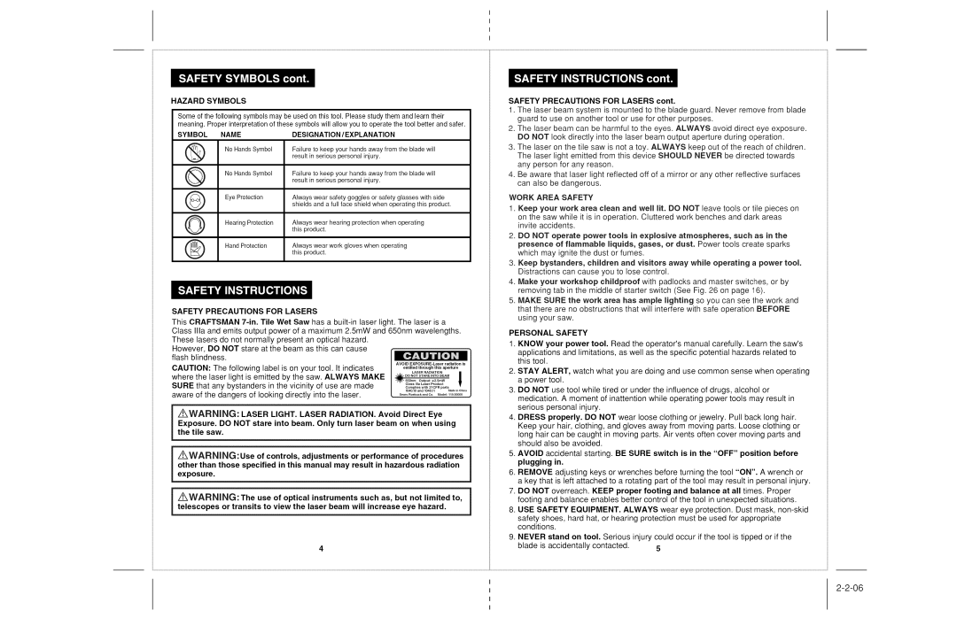 Craftsman 118.22000 Hazard Symbols, Symbol Name Designation / Explanation, Safety Precautions for Lasers, Work Area Safety 