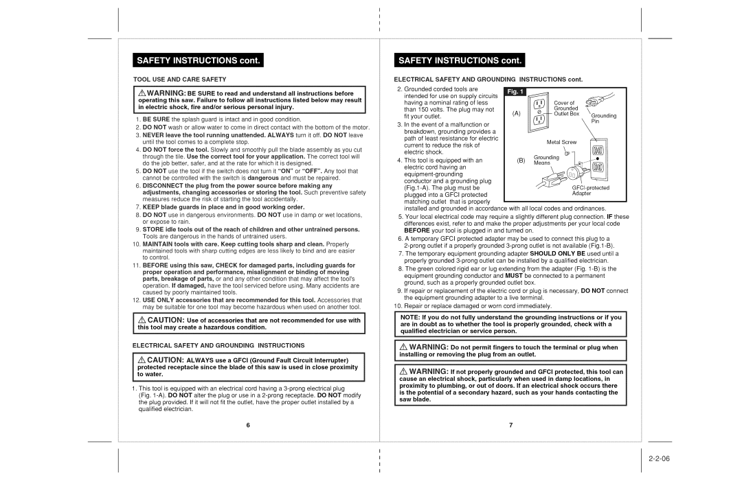 Craftsman 118.22000 operating instructions Tool USE and Care Safety, Electrical Safety and Grounding Instructions 