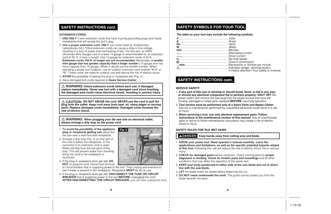 Craftsman 118.22000 operating instructions Label on your tool may include the following symbols, Hertz, Minutes 