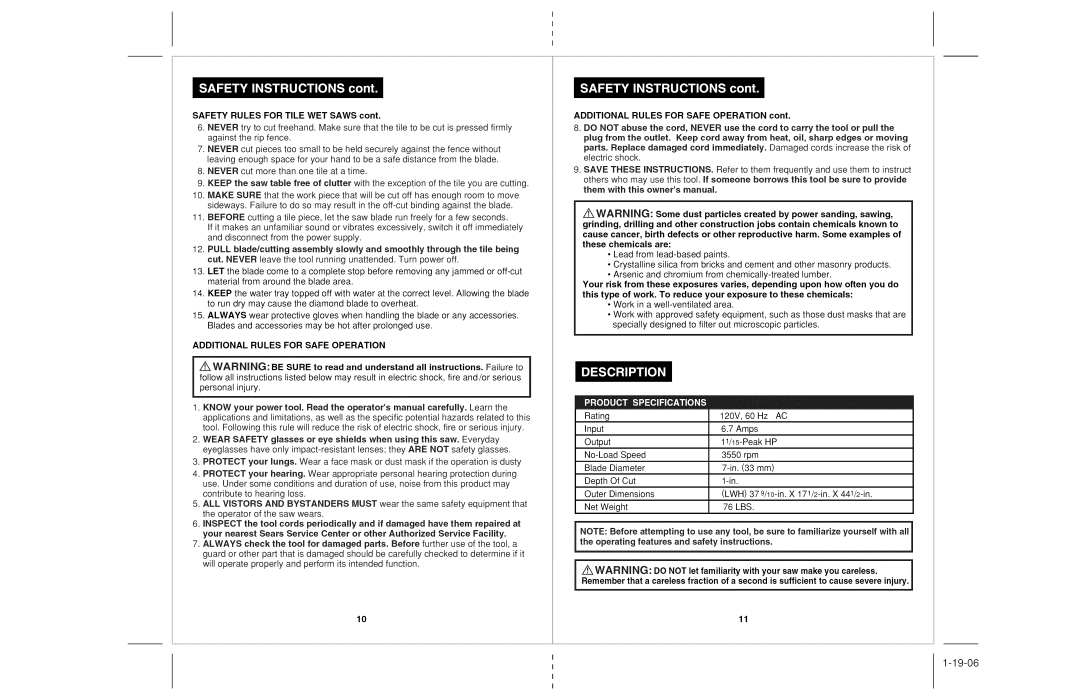 Craftsman 118.22000 operating instructions Safety Rules for Tile WET Saws, Additional Rules for Safe Operation 