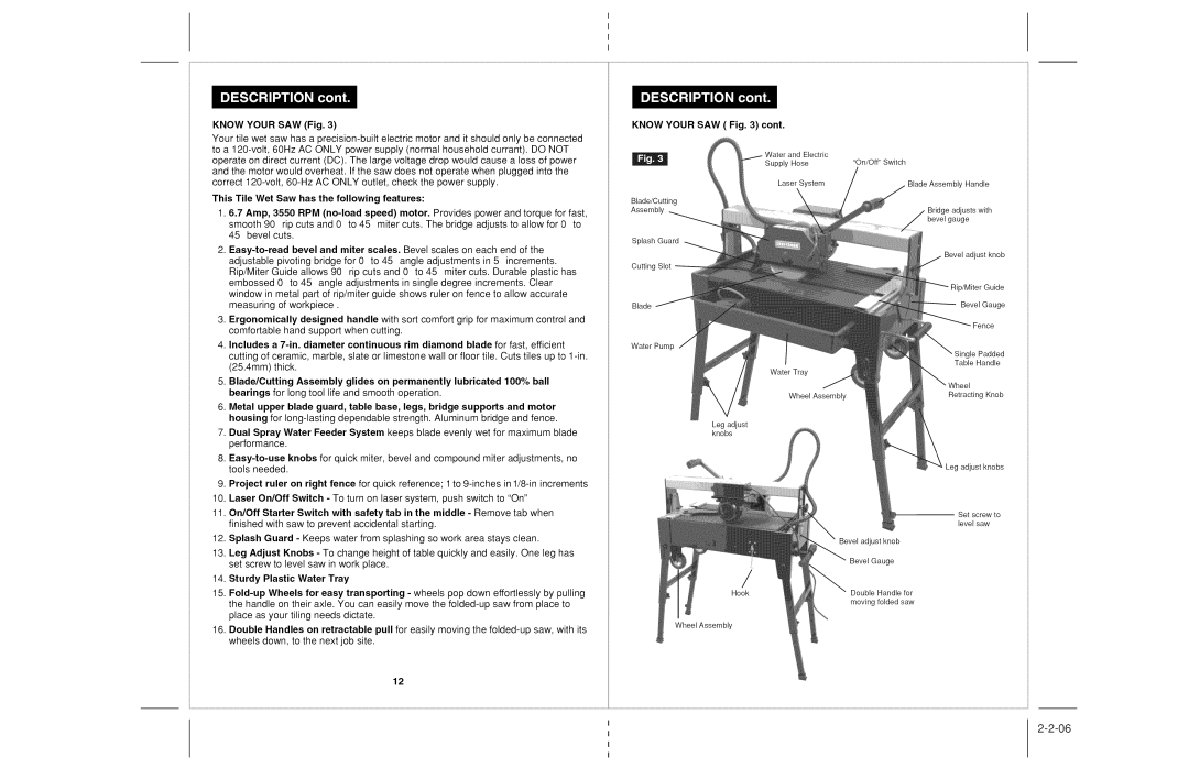 Craftsman 118.22000 operating instructions Know Your SAW Fig, This Tile Wet Saw has the following features 