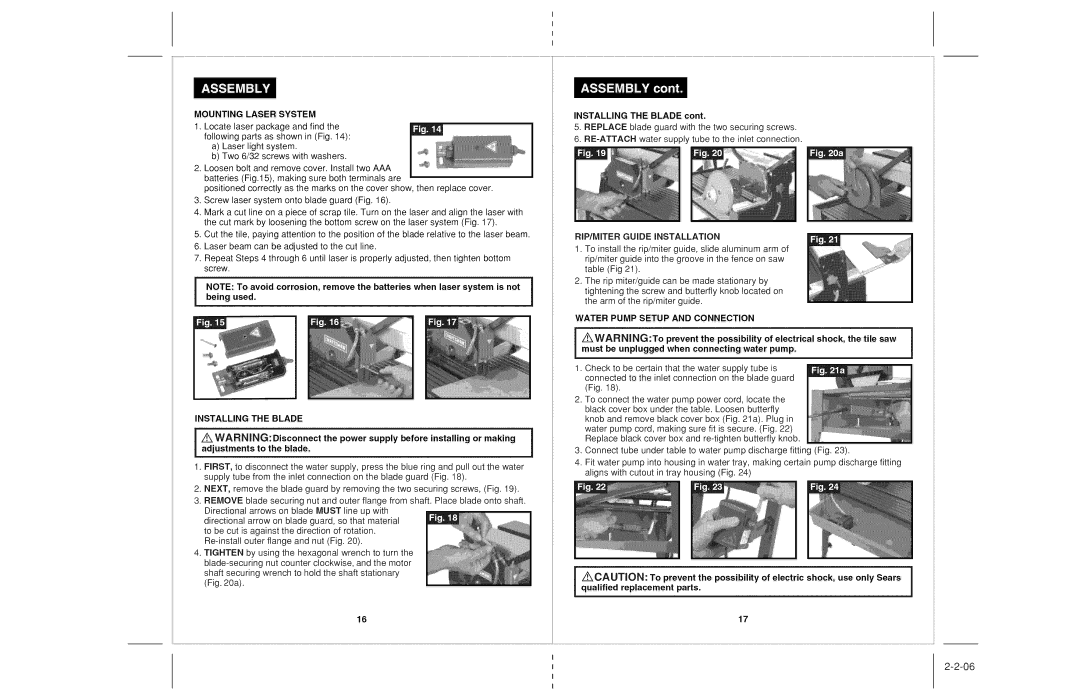 Craftsman 118.22000 operating instructions Mounting Laser System, Installing the Blade, RIP/MITER Guide Installation 