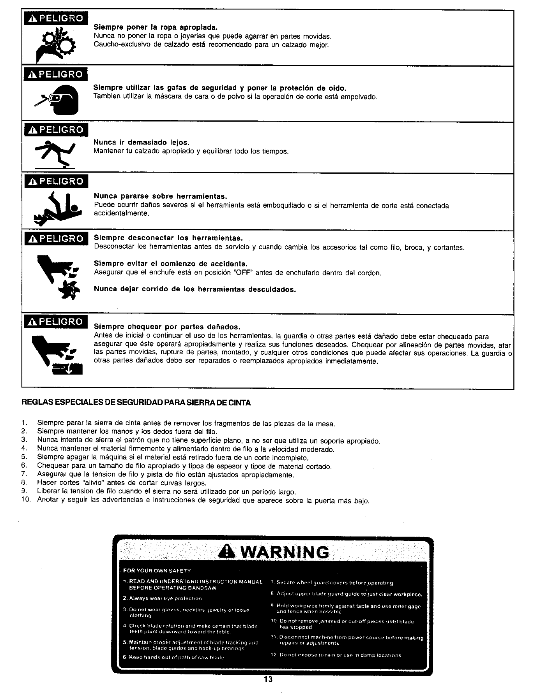 Craftsman 119.214 Yl,i=1meze, WNI =ill eze, Reglas Especiales DE Seguridad Para Sierra DE Cinta, Nunca ir demasiado lejoe 