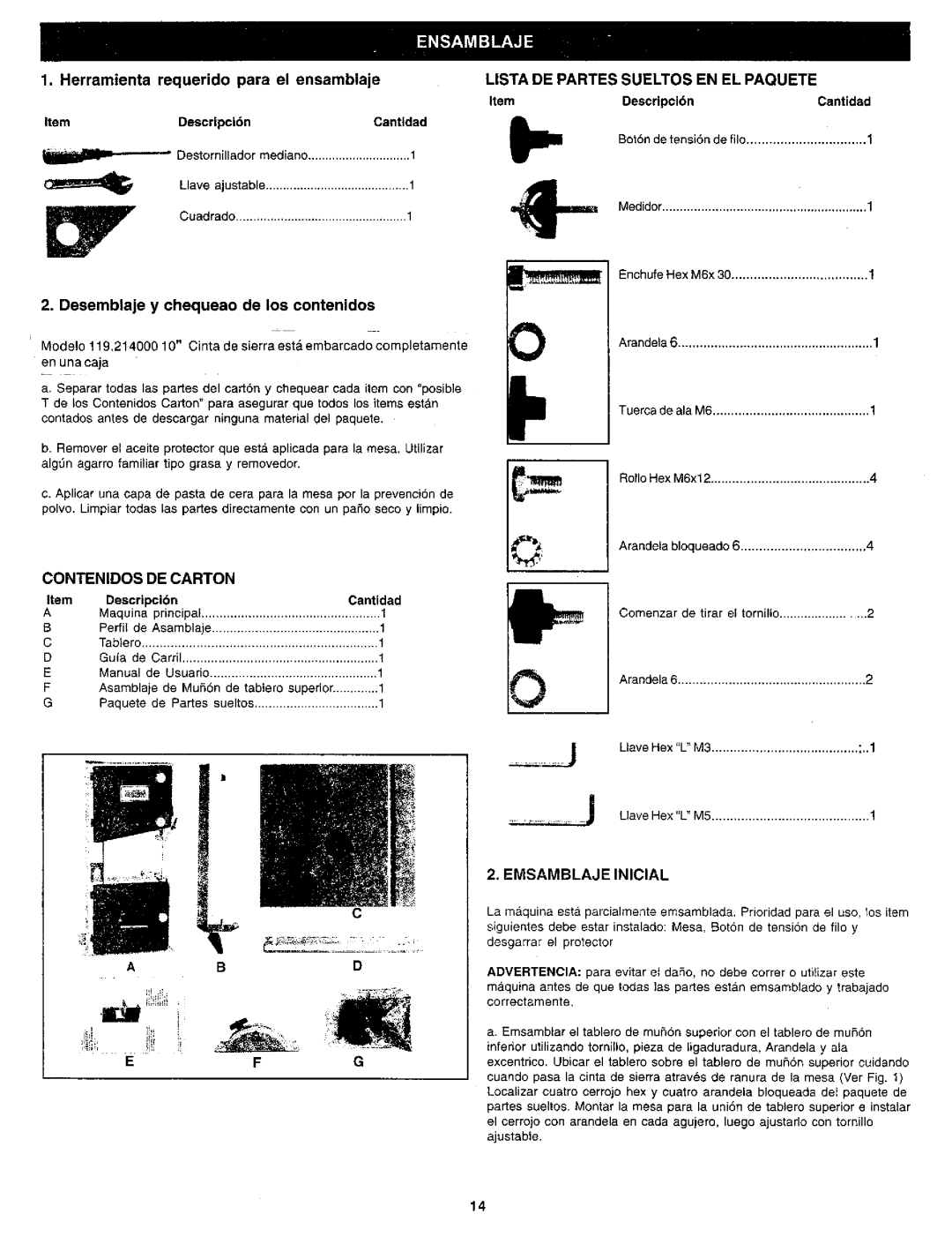 Craftsman 119.214 Herramienta requerido para el ensamblaje, Desemblaje y chequeao de los contenidos, Contenidos DE Carton 