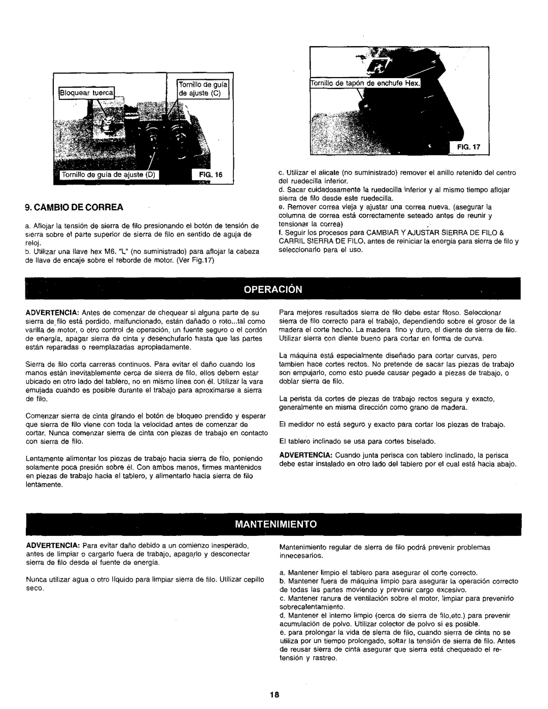 Craftsman 119.214 owner manual Cambio DE Correa 