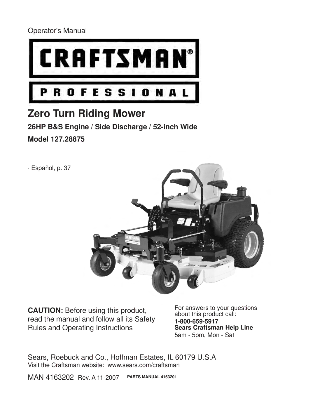 Craftsman 127.28875 manual Zero Turn Riding Mower, Sears Craftsman Help Line 