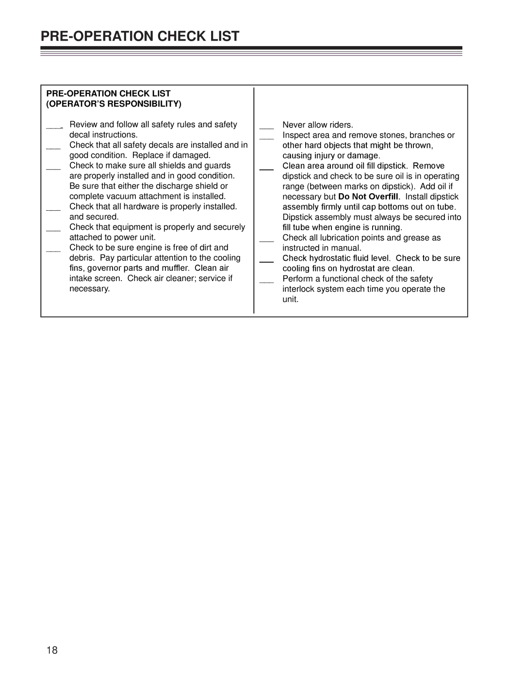 Craftsman 127.28875 manual PRE-OPERATION Check List OPERATOR’S Responsibility 