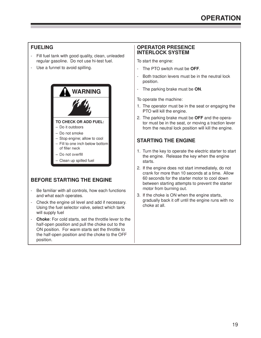 Craftsman 127.28875 manual Operation, Fueling, Operator Presence, Starting the Engine 