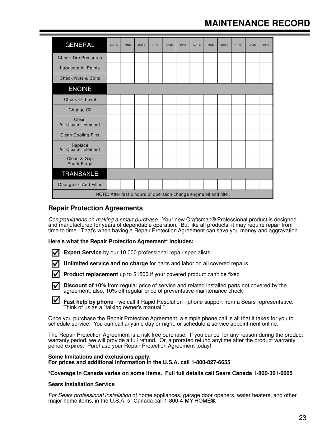 Craftsman 127.28875 Maintenance Record, Repair Protection Agreements, Heres what the Repair Protection Agreement* includes 