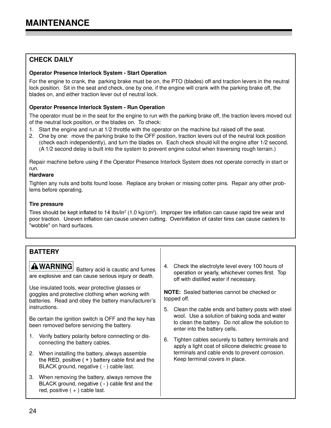 Craftsman 127.28875 manual Maintenance, Check Daily, Battery 