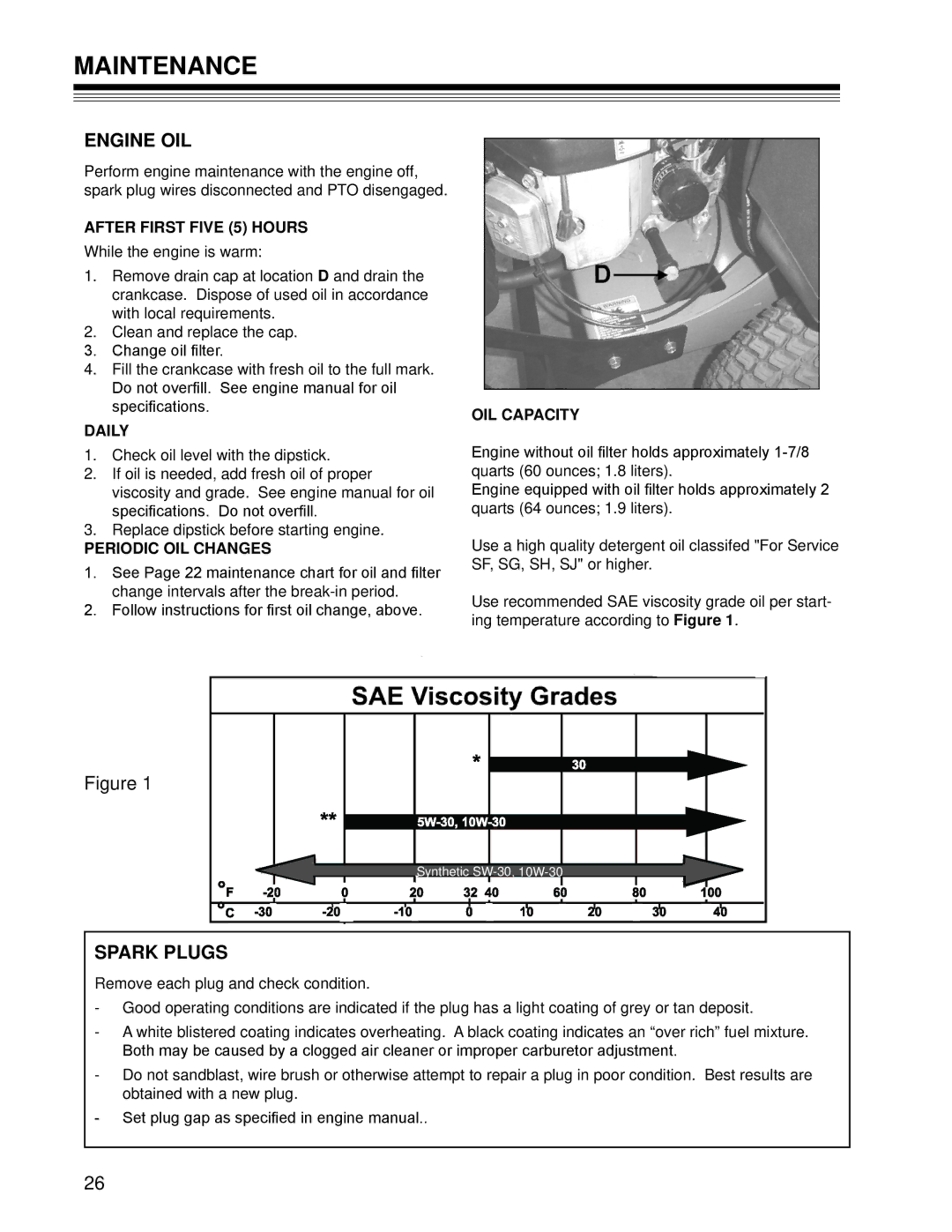 Craftsman 127.28875 manual Engine OIL, Spark Plugs 