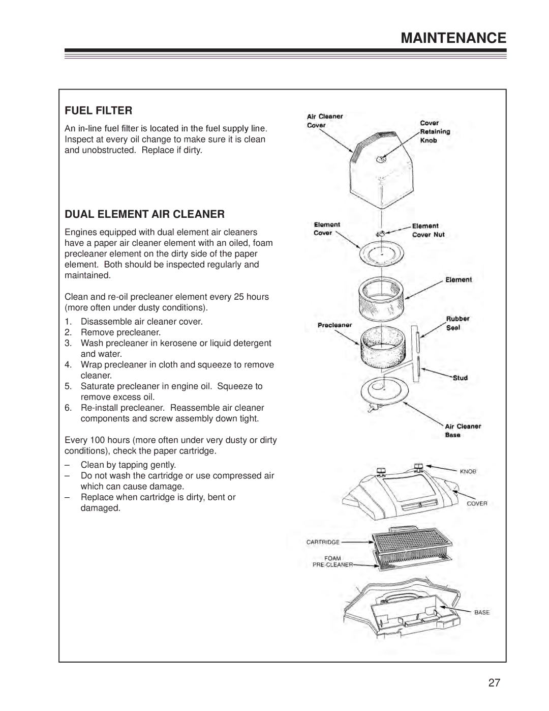 Craftsman 127.28875 manual Fuel Filter, Dual Element AIR Cleaner 