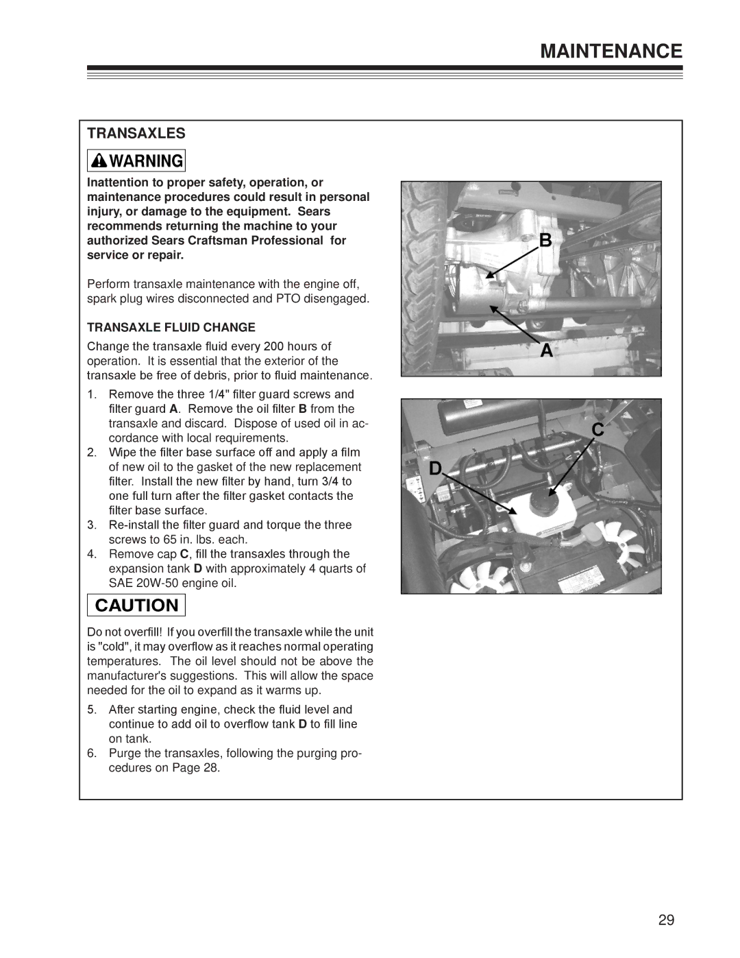 Craftsman 127.28875 manual Transaxles, Transaxle Fluid Change 