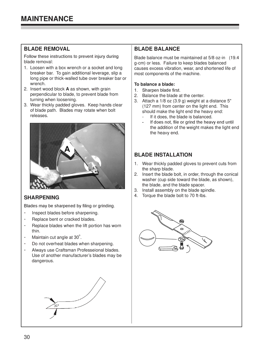 Craftsman 127.28875 manual Blade Removal, Sharpening, Blade Balance, Blade installation, To balance a blade 