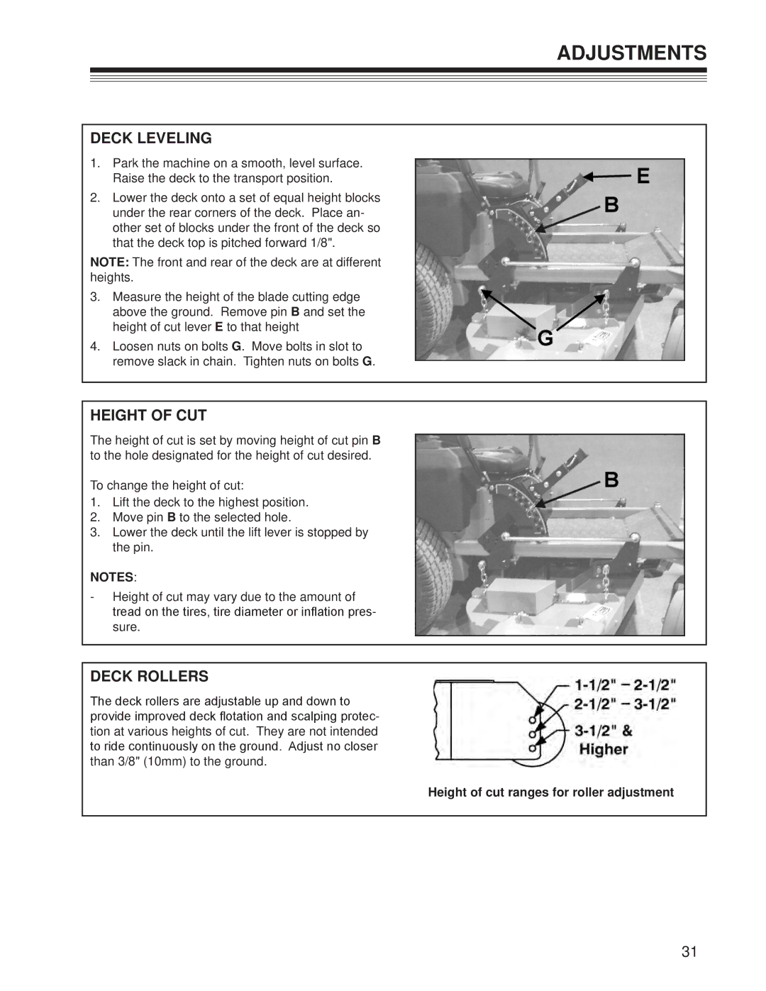 Craftsman 127.28875 manual Adjustments, Deck Leveling, Deck RollerS, Height of cut ranges for roller adjustment 