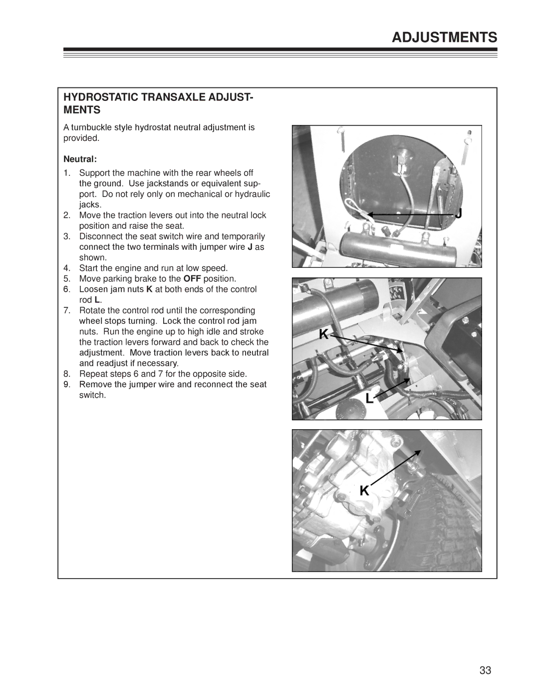 Craftsman 127.28875 manual HydrostatIC Transaxle adjust- mentS, Neutral 