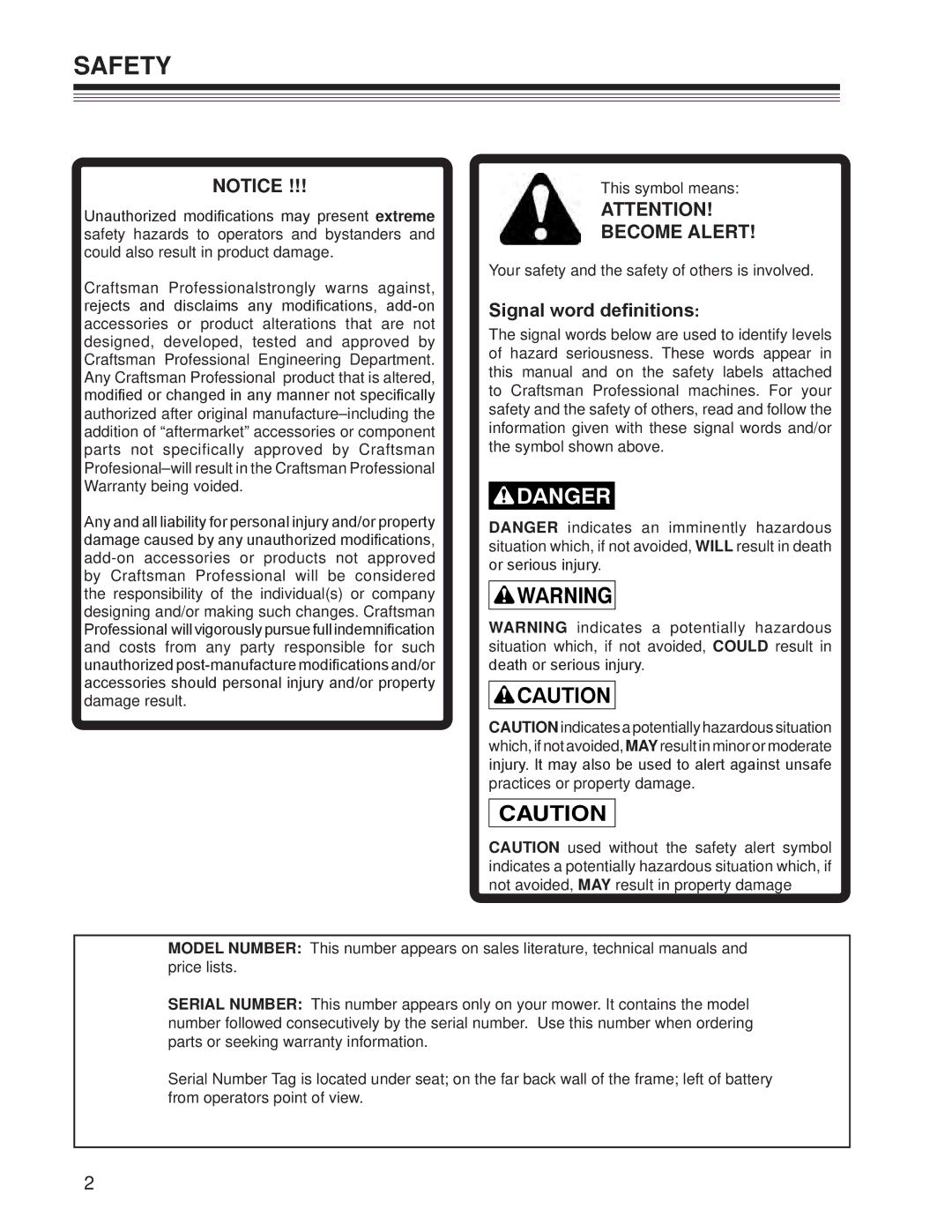 Craftsman 127.28875 manual Safety, Become Alert, Signal word definitions 