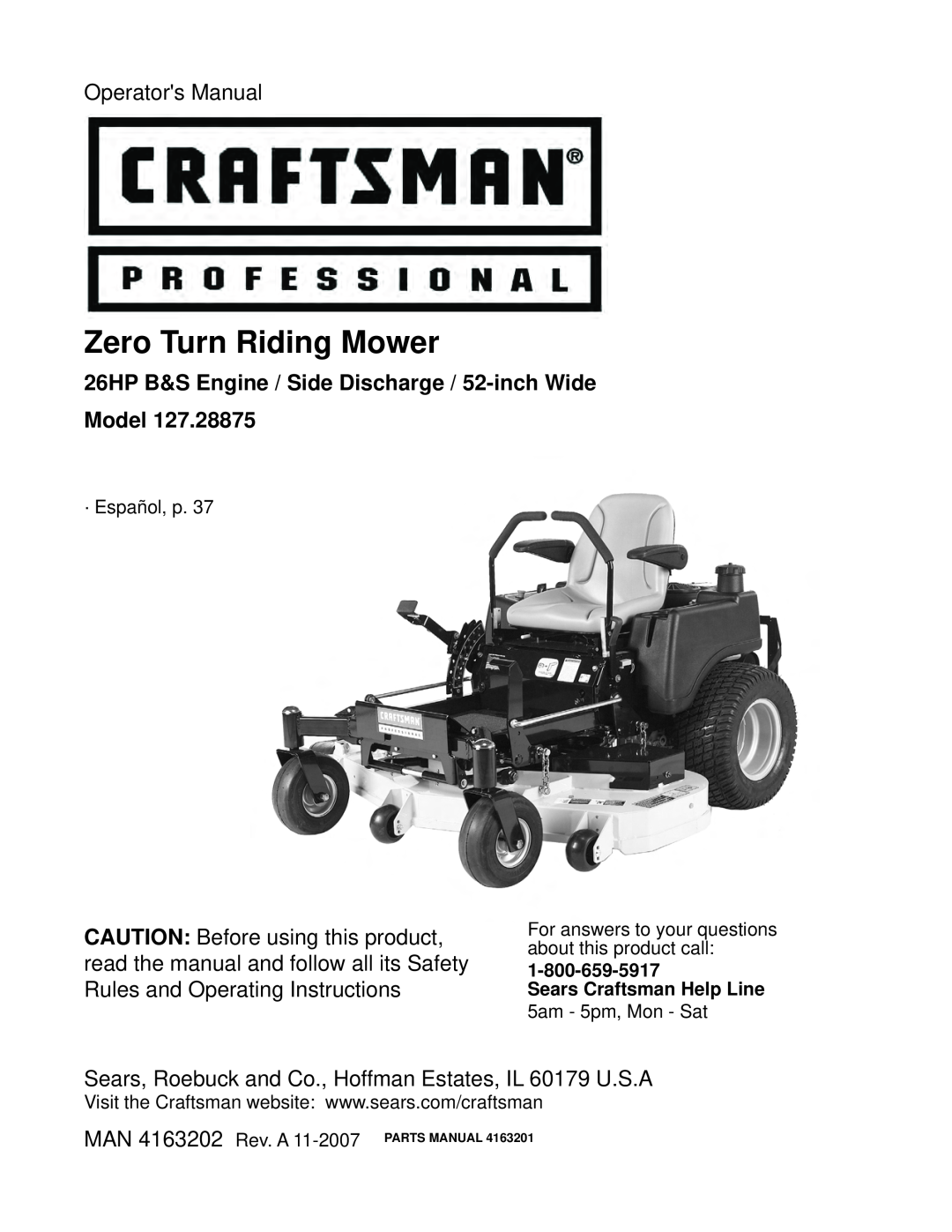 Craftsman 127.28875 manual 26HP B&S Engine / Side Discharge / 52-inch Wide Model, Zero Turn Riding Mower 