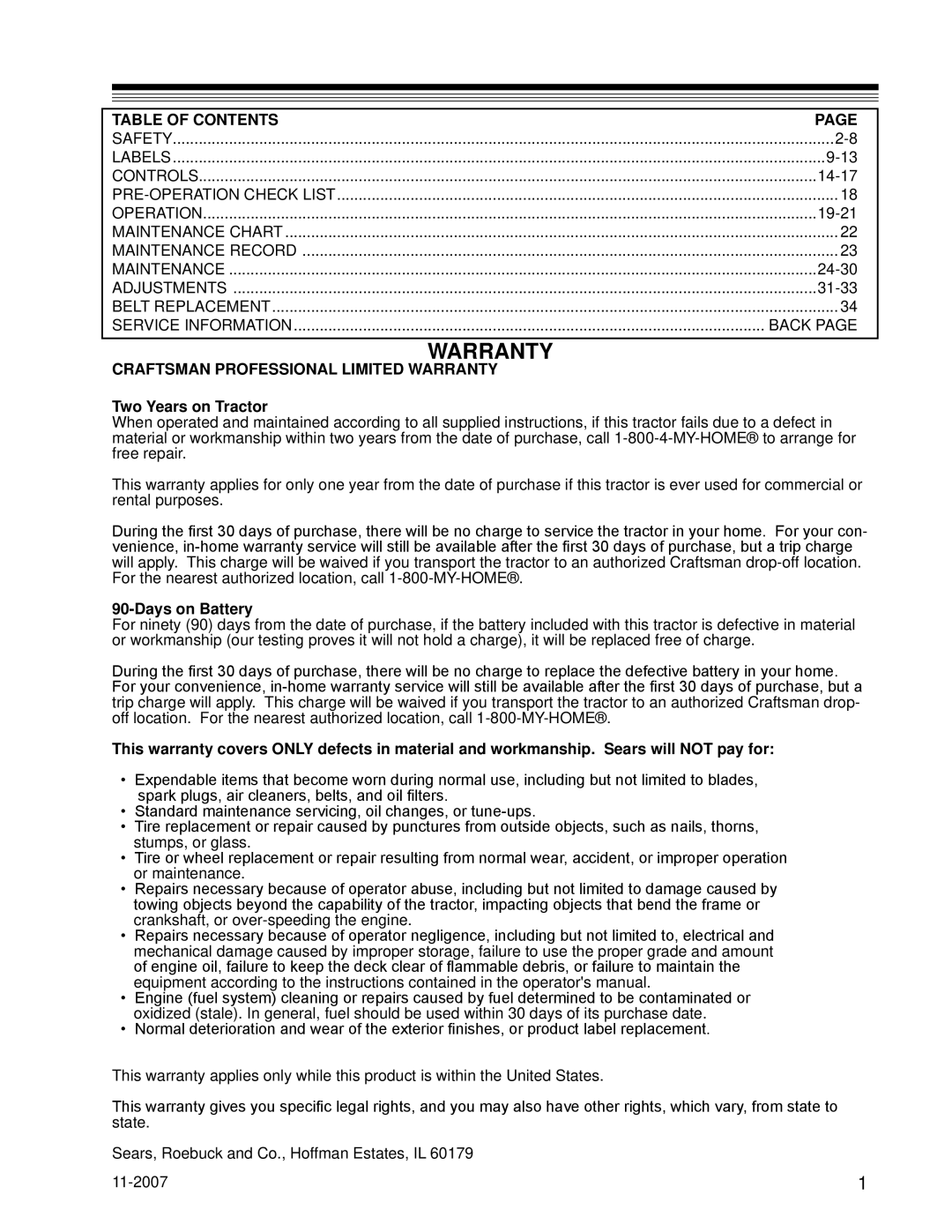 Craftsman 127.28875 manual Table Of Contents, Page, Craftsman Professional Limited Warranty, Two Years on Tractor 