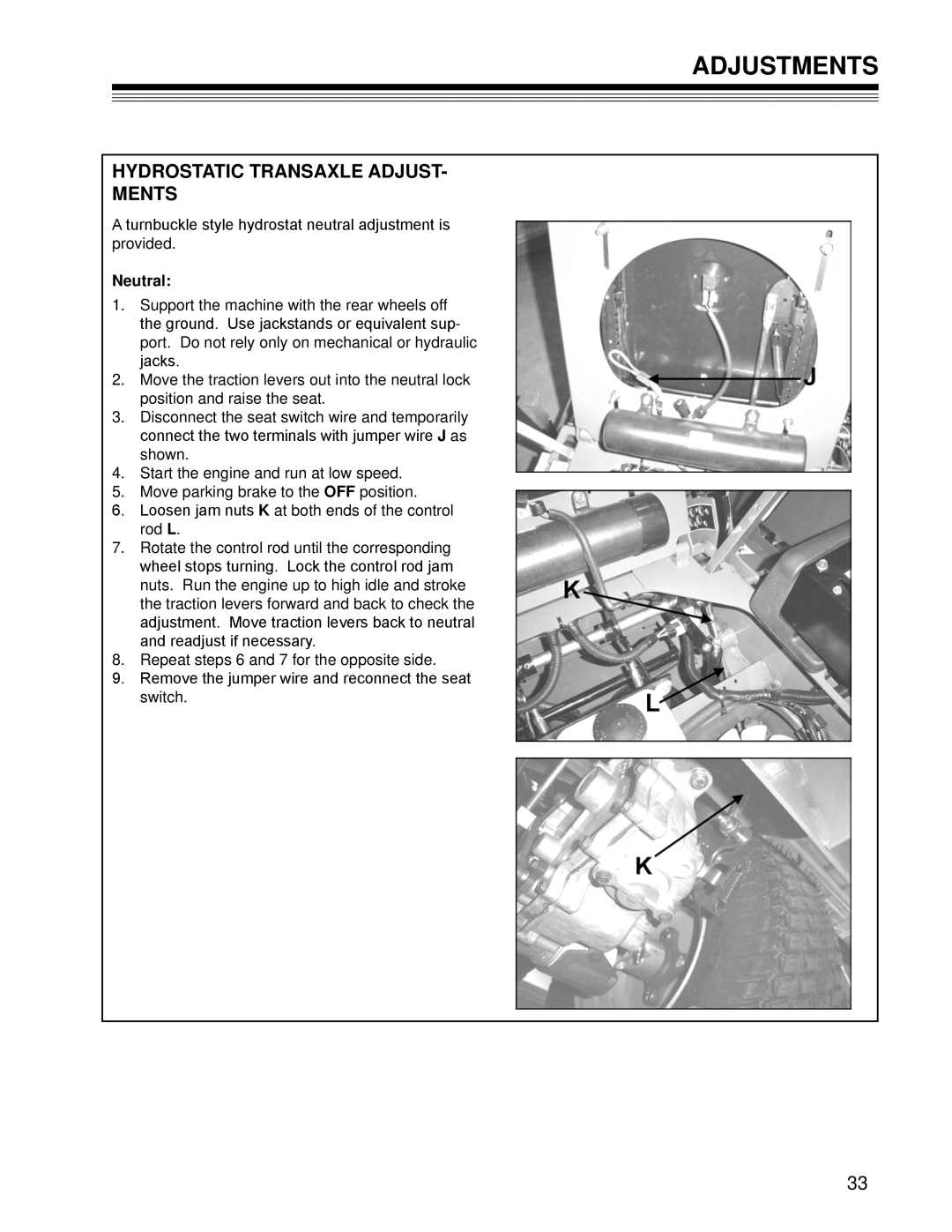 Craftsman 127.28875 manual Adjustments, HydrostatIC TRANSAXLE adjust- mentS, Neutral 