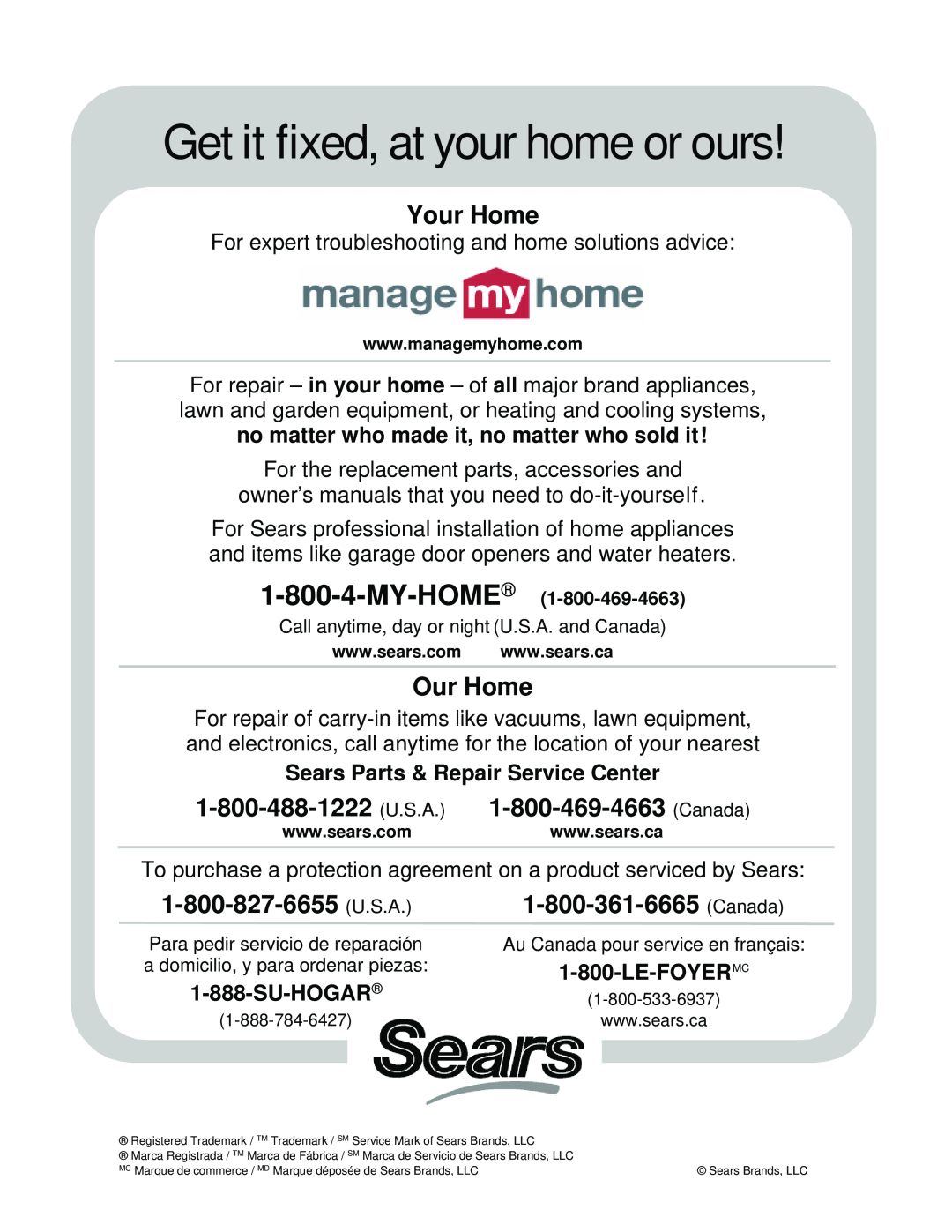 Craftsman 127.28875 manual Your Home, Our Home, Sears Parts & Repair Service Center, Su-Hogar, Le-Foyermc 