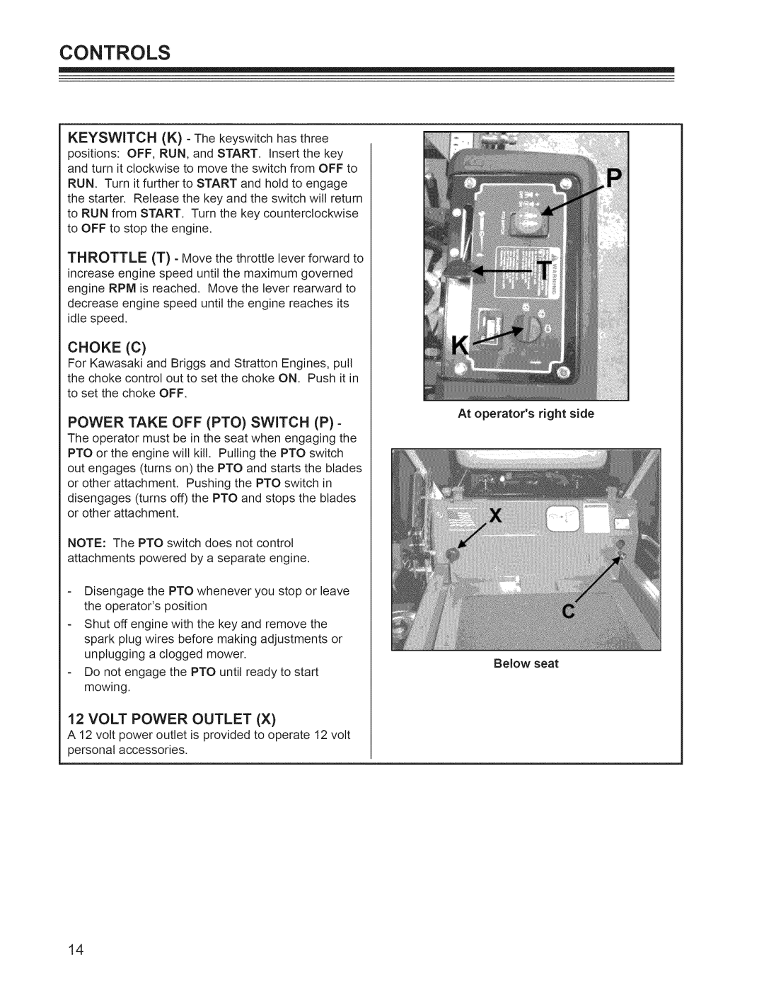 Craftsman 127.28877, 127.28876 manual Choke C, Power Take OFF PTO Switch P, Volt Power Outlet 