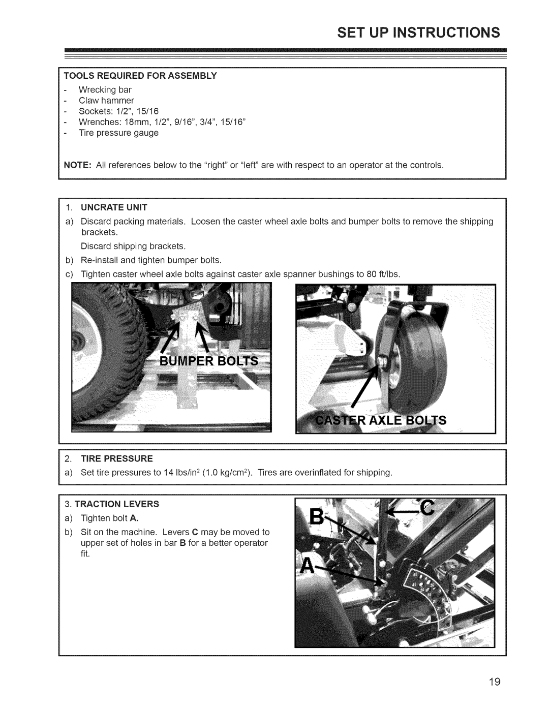 Craftsman 127.28876, 127.28877 manual Tools Required for Assembly, Uncrate Unit, Tire Pressure, Traction Levers 