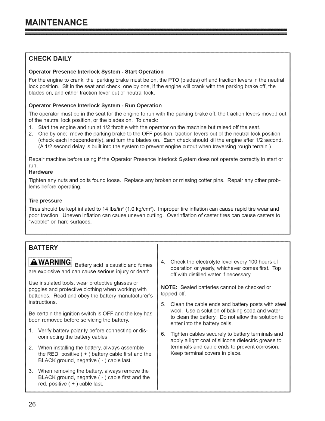 Craftsman 127.28877, 127.28876 manual Check Daily, Battery 