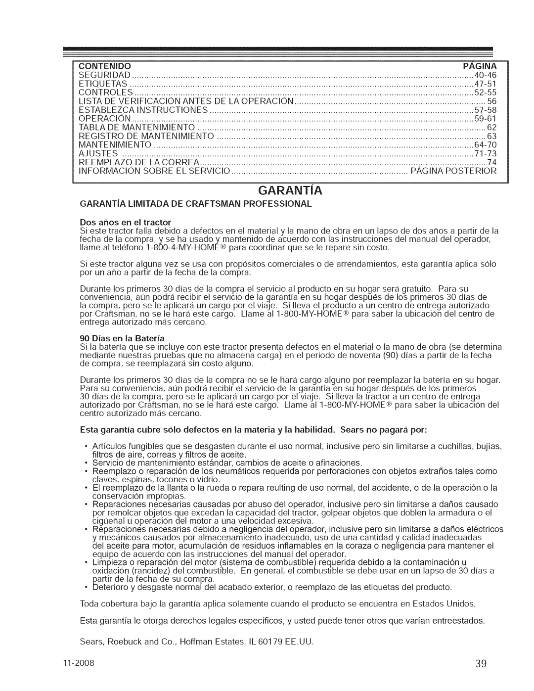 Craftsman 127.28876 manual Contenido Pagina, Lista DE Verificacion Antes DE LA Operacion Establezca, Reemplazo, Informacion 