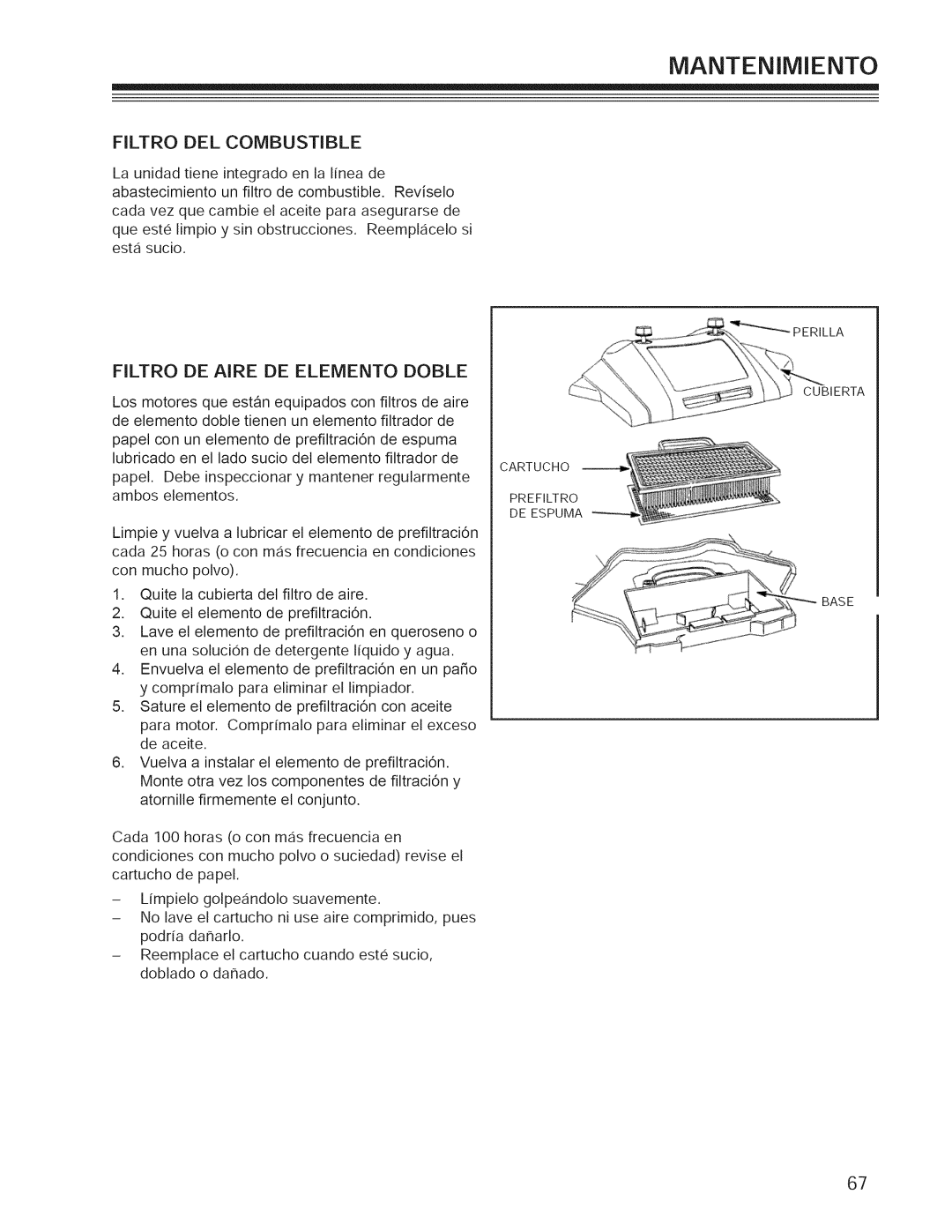 Craftsman 127.28876, 127.28877 manual Filtro DEL Combustible, Filtro DE Aire DE Elemento Doble 