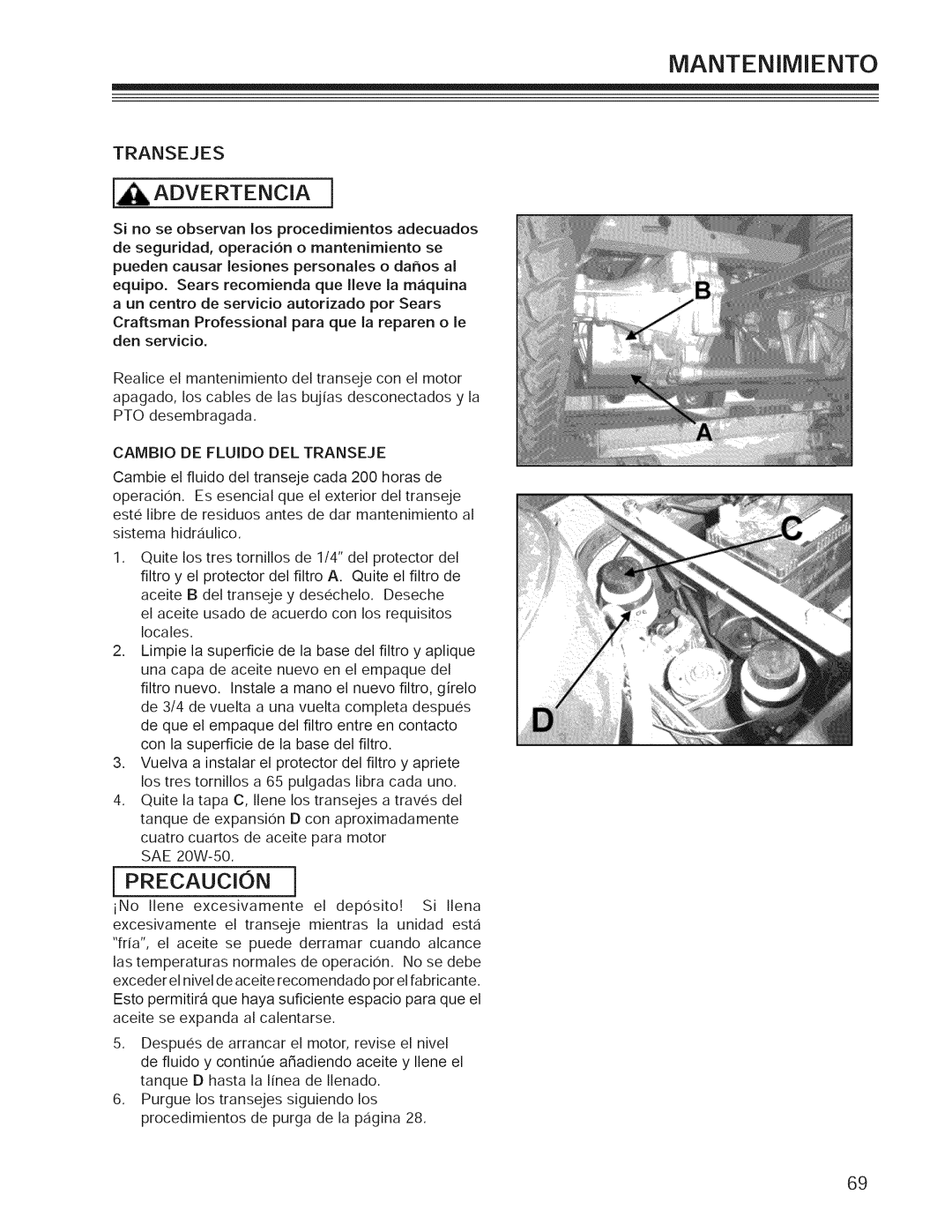 Craftsman 127.28876, 127.28877 manual Transejes, Cambio DE Fluido DEL Transeje 