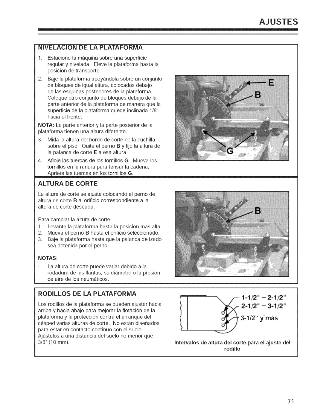 Craftsman 127.28876, 127.28877 Ajustes, Altura DE Corte, Nivelacion DE LA Plataforma, Notas, Rodillos DE LA Plataforma 