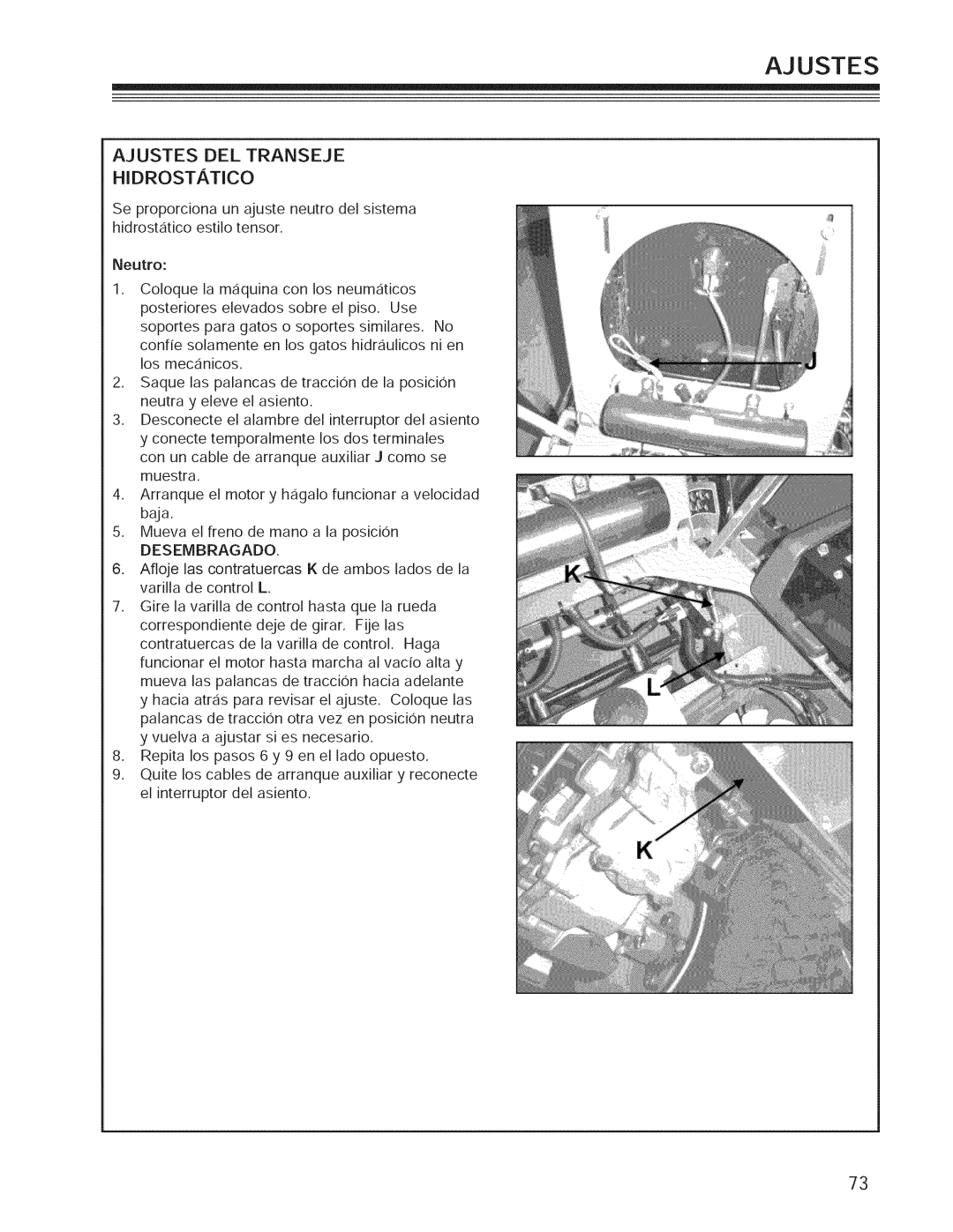 Craftsman 127.28876, 127.28877 manual Ajustes DEL Transeje Hidrostatico 