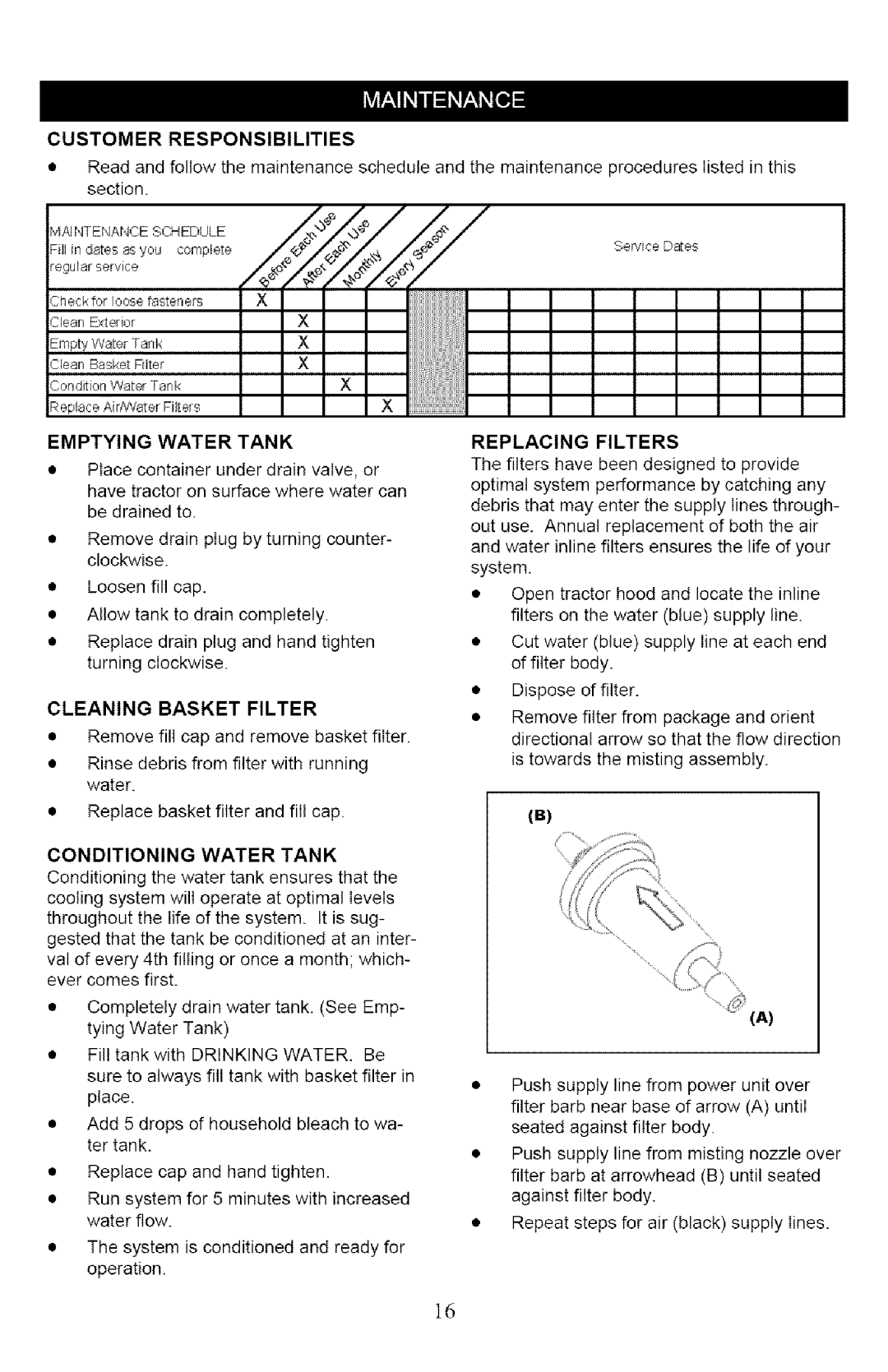 Craftsman 132.24607 manual Emptying Water Tank, Cleaning Basket Filter, Conditioning Water Tank, Replacing Filters 