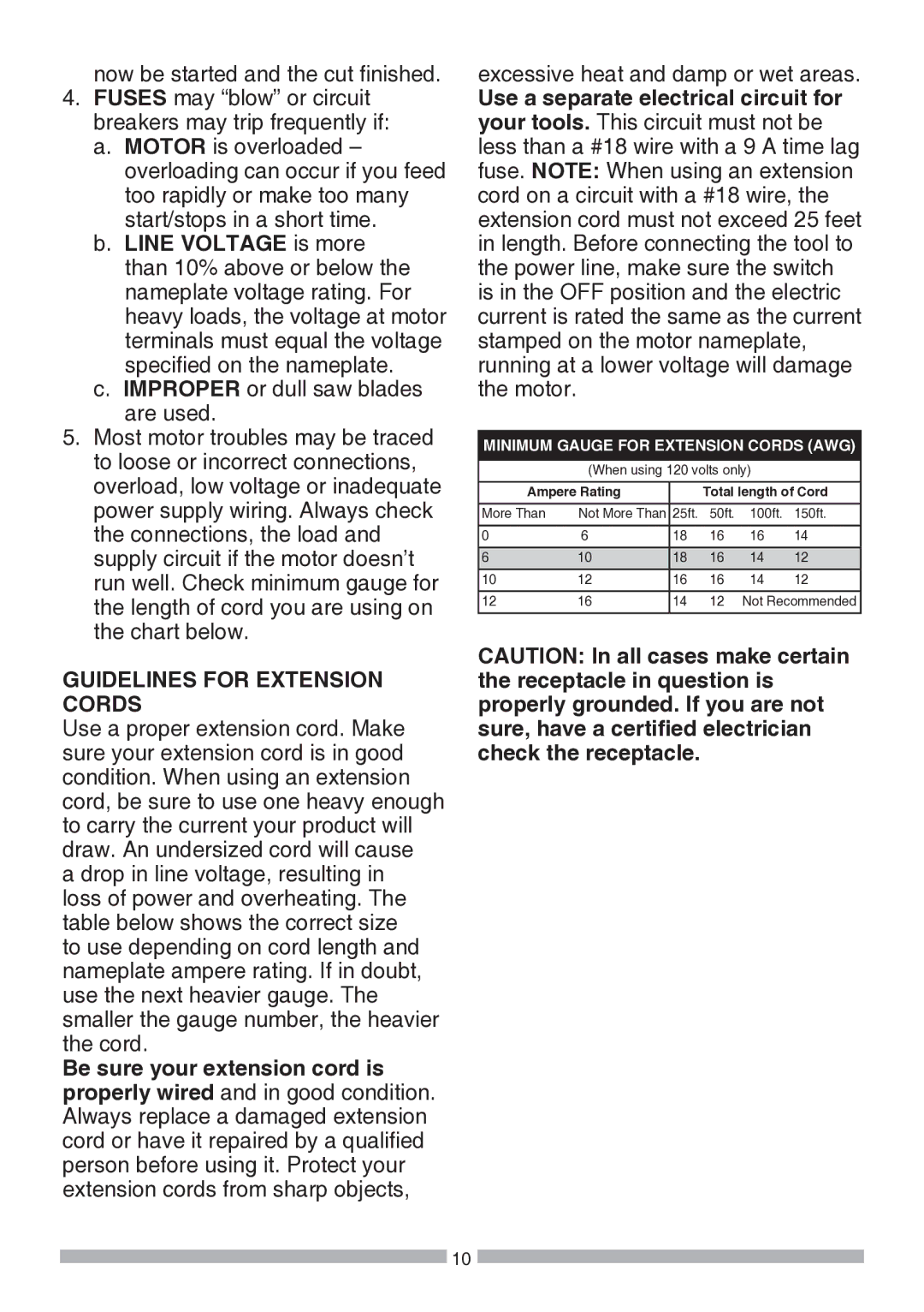 Craftsman 137.21194 operating instructions Guidelines for Extension Cords, Minimum Gauge for Extension Cords AWG 