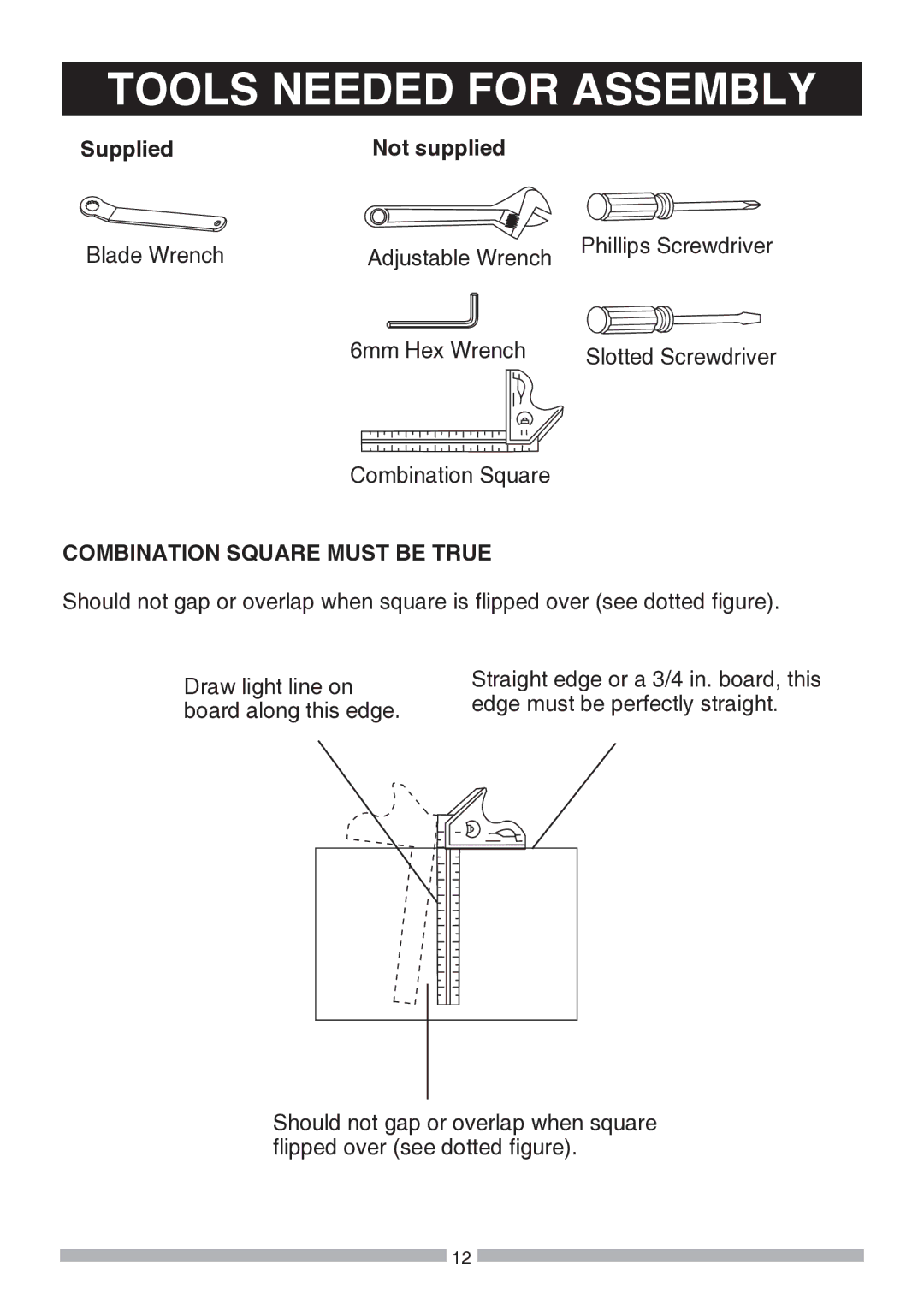 Craftsman 137.21194 Tools Needed for Assembly, Supplied Not supplied, Combination Square Must be True 