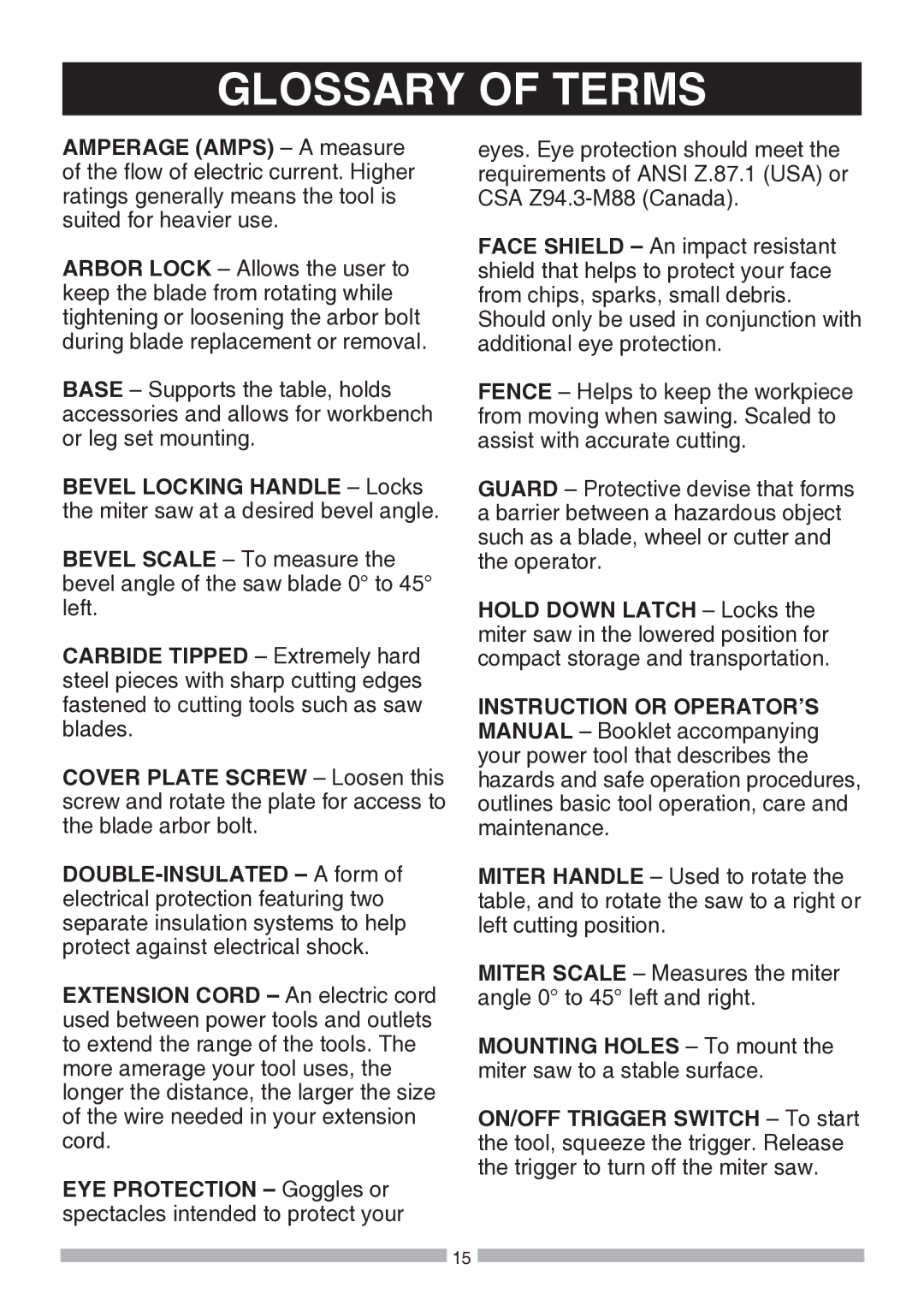 Craftsman 137.21194 operating instructions Glossary of Terms 