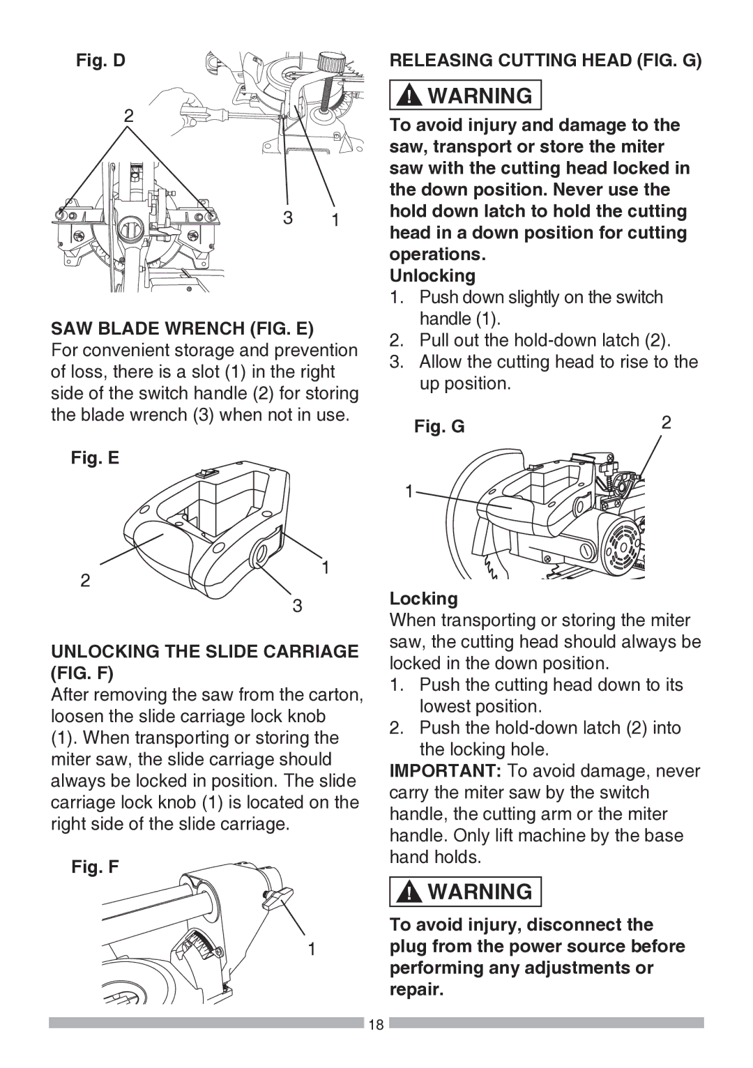 Craftsman 137.21194 SAW Blade Wrench FIG. E, Releasing Cutting Head FIG. G, Unlocking the Slide Carriage FIG. F 