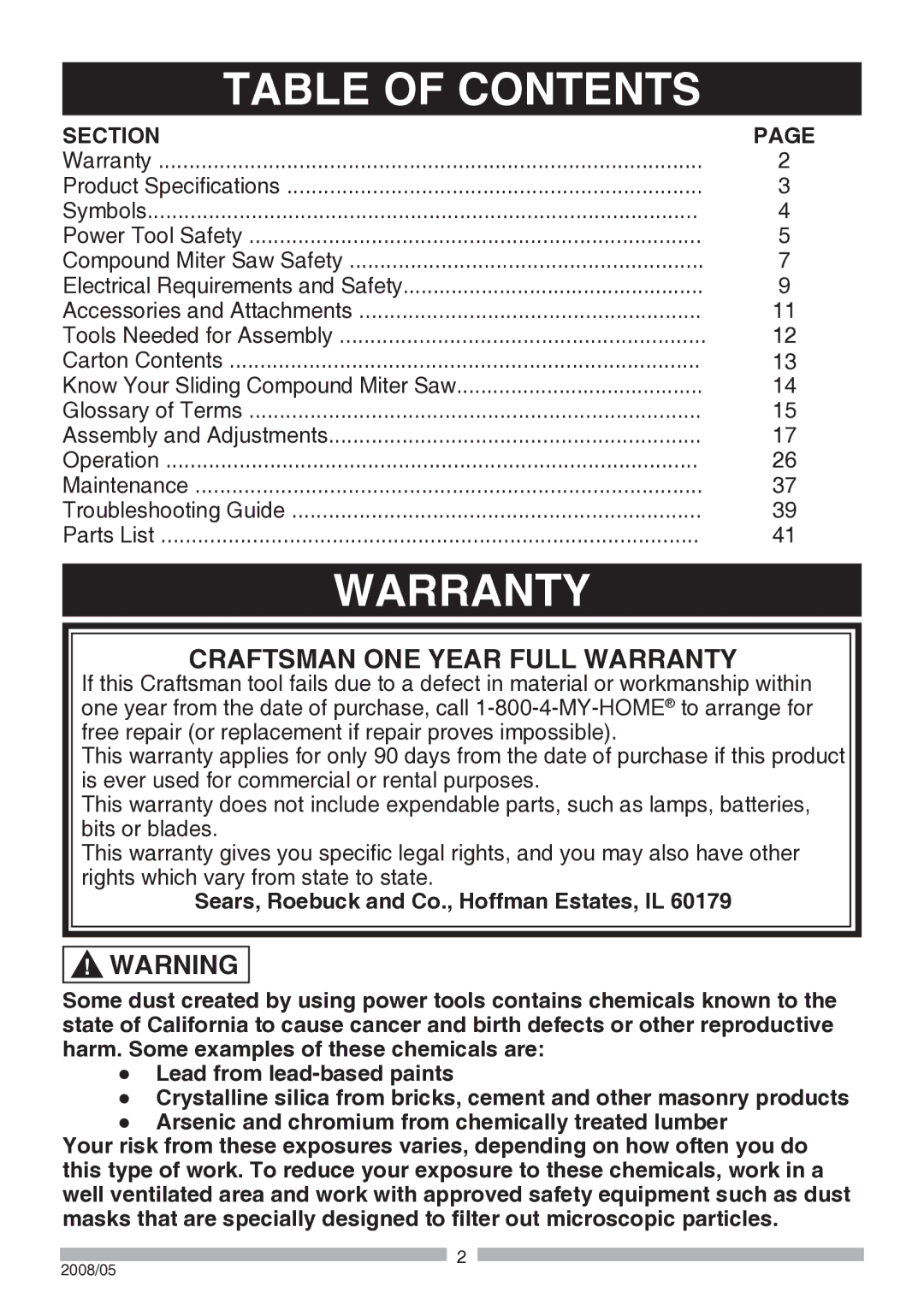 Craftsman 137.21194 operating instructions Table of Contents, Warranty 