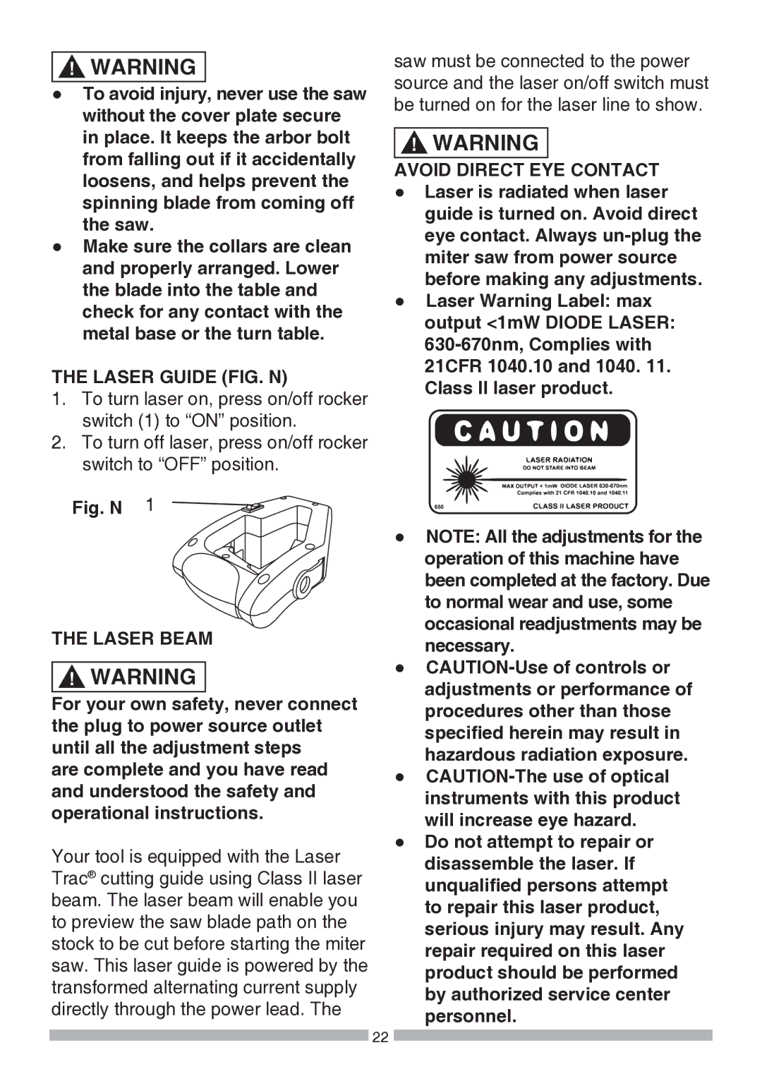 Craftsman 137.21194 operating instructions Laser Guide FIG. N, Laser Beam, Avoid Direct EYE Contact 